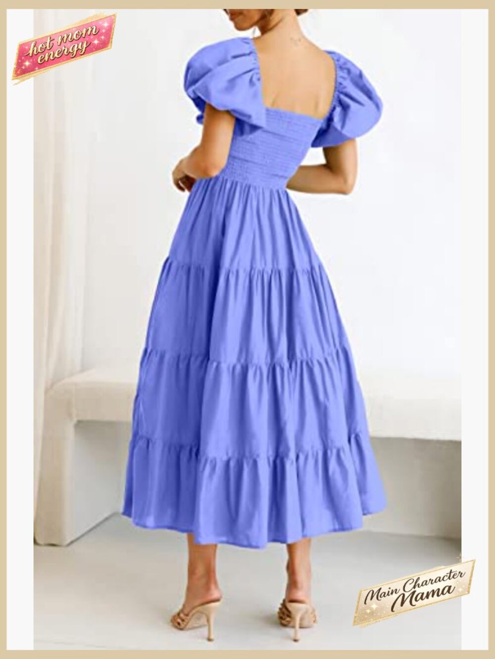 Tiered Square Neck Puffy Sleeve Midi Dress Smocked A-Line Spring Casual - Picture 4 of 7